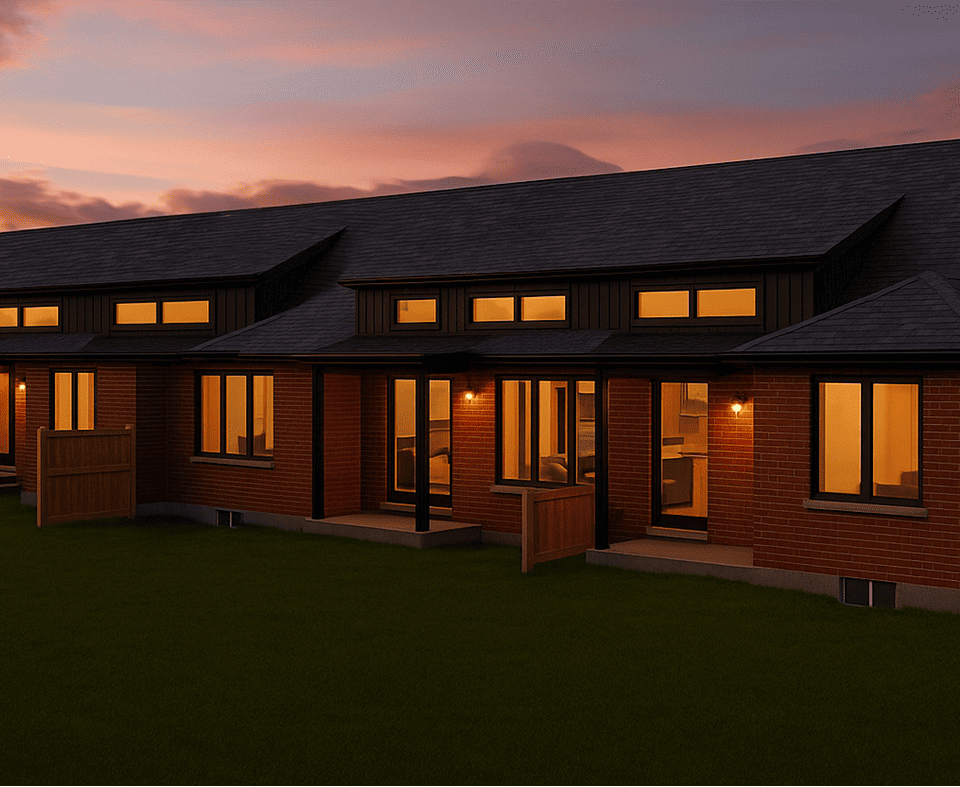 Modern home at dusk with warm lighting